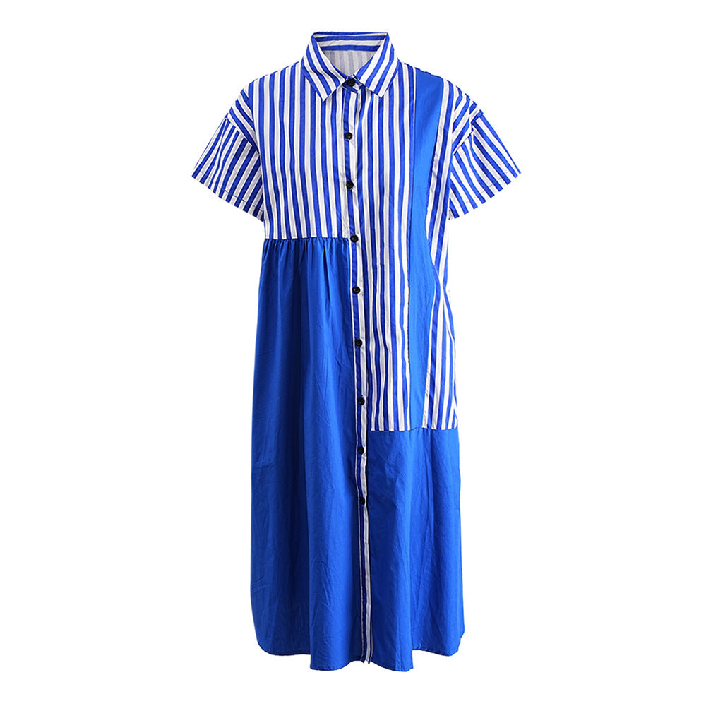 Striped Patchwork Loose Single Breasted Casual Dress