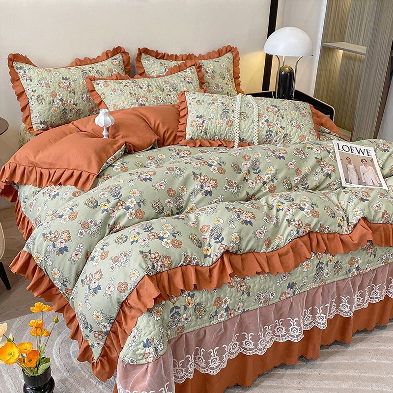 Class A mother and baby grade double-layer yarn washed cotton and linen three-piece set rural dormitory home bedding quilt cover bed sheet four-piece set