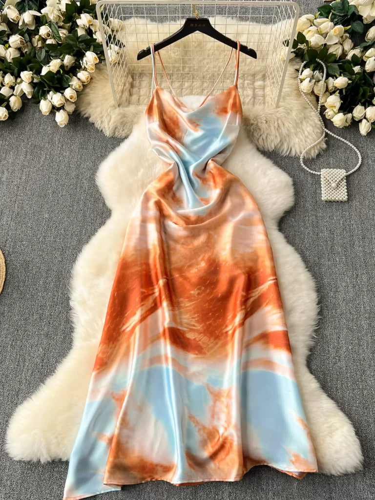 Orange Tie-Dye Cross Backless Side Zipper Midi Dress