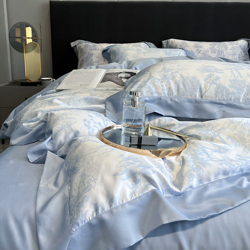 High-end 100s Tencel four-piece set ice silk summer silky ins style quilt cover light luxury bed sheet 1.8m bed sheet