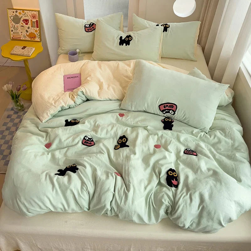 Bedding Set Super Soft Washed Cotton Towel Embroidery Duvet Cover Four Piece Set - Lucky Cat Series