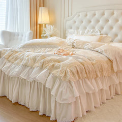 4/6Pcs Vintage French  Double Layer Ruffles Princess Wedding 100% Cotton Bedding Set Duvet Cover Bed Skirt Bedspread Pillowcases