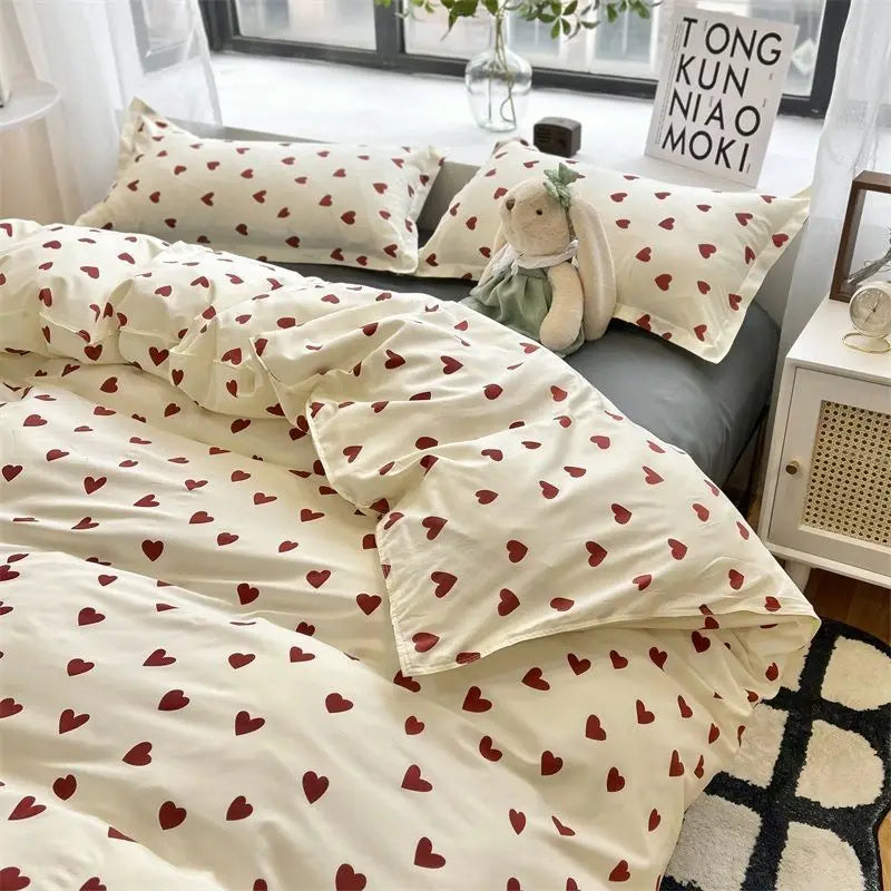 Floral Korean Style Duvet Cover Set No Filler Pillowcase Flat Sheet Twin Queen Size Boys Grils Romantic Bedding Kit