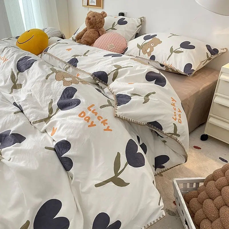 Bedding Set Flora INS Girls 4 New Tulip Rabbit Double-layer  Bed Set Of Four Pieces Washing Cotton Bed Sheets Duvet Cover Set