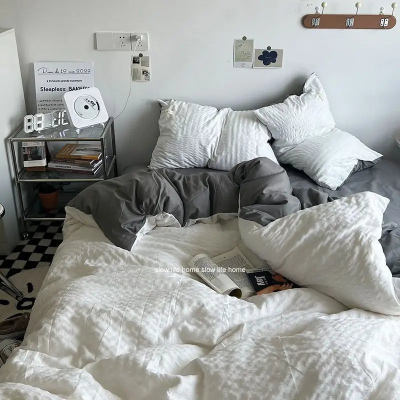 Bedding Set Luxury High Grade Light  Washable Cotton Waffle Four Piece  Olive Green Quilt Cover Bed Sheet Dormitory Three Piece