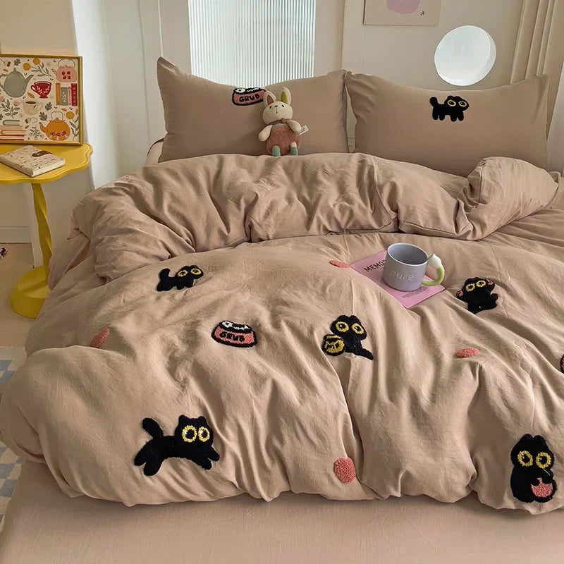 Bedding Set Super Soft Washed Cotton Towel Embroidery Duvet Cover Four Piece Set - Lucky Cat Series