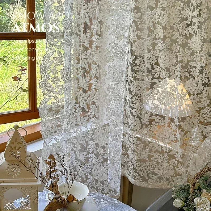 French Curtains Lace Gauze for Living Room  Cream Retro Wavy Edge Bedroom Bay Window Girl Embroidery Curtain Door Decor Custom