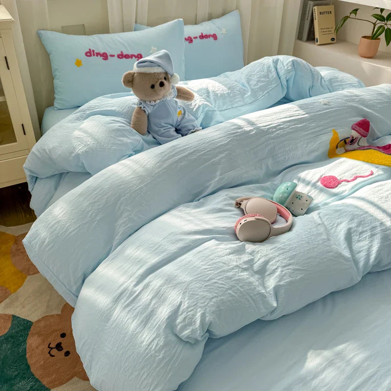 Bedding Set Ins Cute Blue embroidery Mixed With Washed Cotton Minimalist Four Piece Set Fitted Sheets Duvet Cover