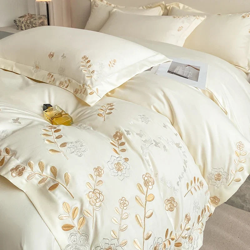 4pcs/set Light Luxury 120s Pure Cotton Floral Embroidered Quilt Cover Pillowcases Fitted Sheet Skin-friendly Naked Bedding Set