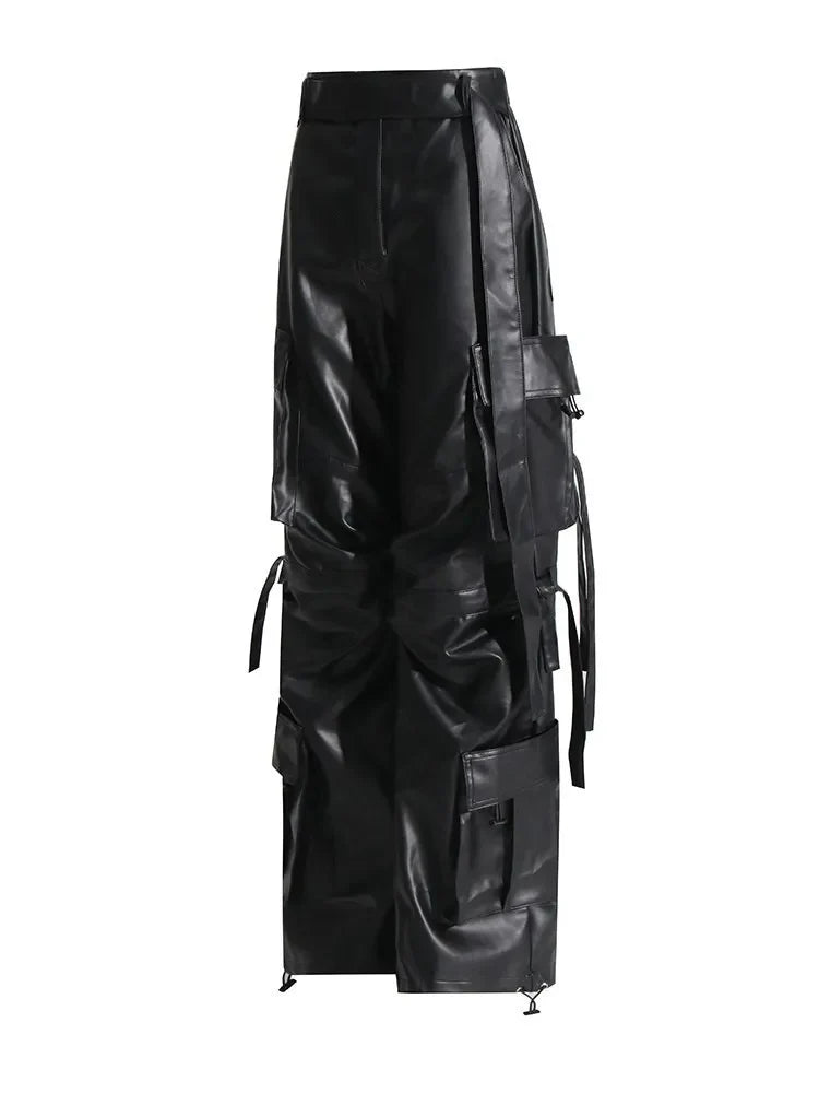 Patch-Pockets Vegan Leather Cargo Pants