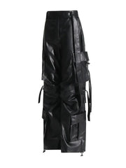 Patch-Pockets Vegan Leather Cargo Pants