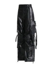 Patch-Pockets Vegan Leather Cargo Pants