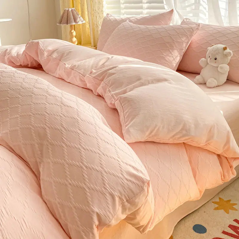 Argyle Jacquard Bedding Set Duvet Cover Pillowcases Flat Sheet Washed Cotton Solid Color Bed Linen Duvet Cover Set