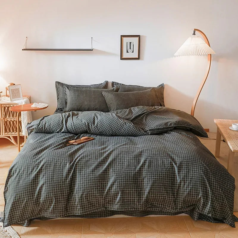 Black White Small Checks Printed Bed Set Floral Duvet Cover Pillowcase Bedding Set Bed Sheet Quilt Cover Single Queen King Size