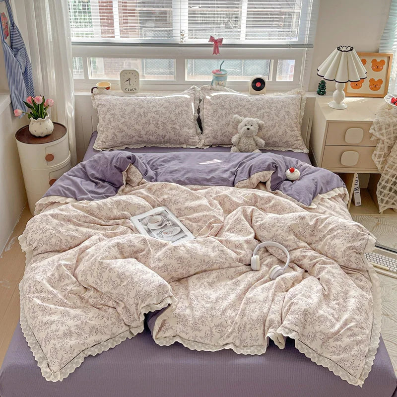 2025 New Bedding Set INS Princess Soft Bed Flat Sheet Set Twin Queen Double Size Cotton Lace Duvet Cover Pillowcase Bed Linen