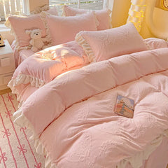 Warm Carved Milk Fleece Four-piece Winter Thickened Princess Wind Double-sided Fleece Bed Skirt Bed Sheet Bedding