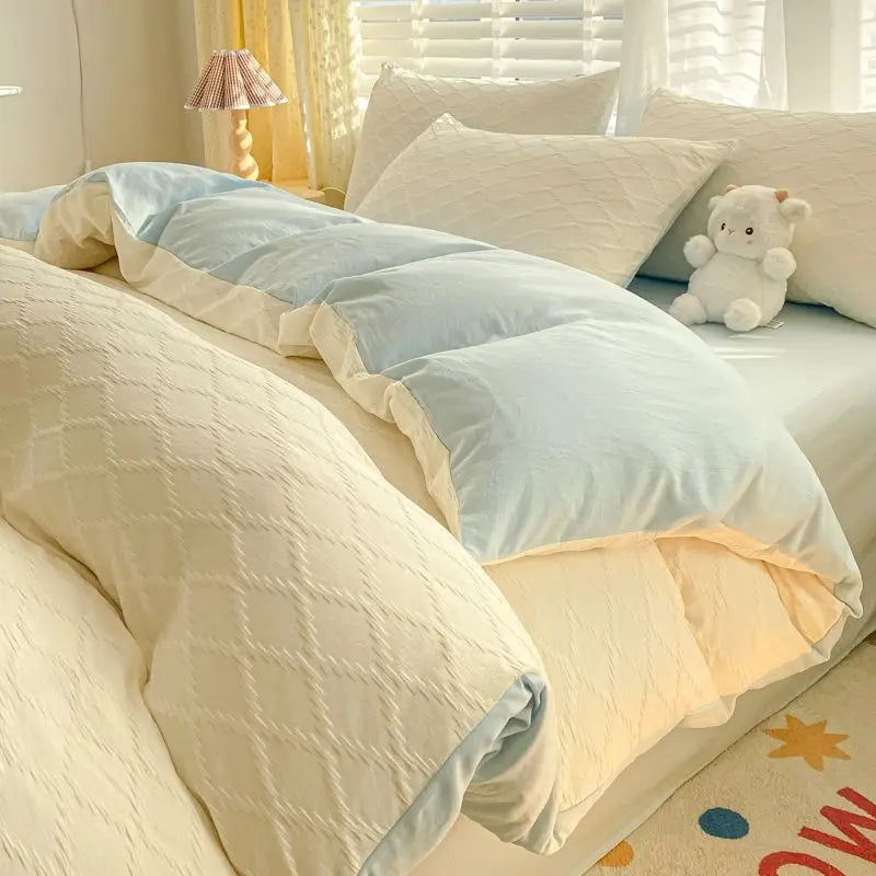 Argyle Jacquard Bedding Set Duvet Cover Pillowcases Flat Sheet Washed Cotton Solid Color Bed Linen Duvet Cover Set