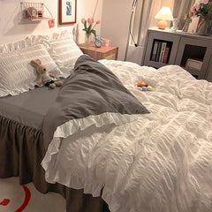 Pink Ruffled Seersucker Duvet Cover Set 3/4pcs Soft Lightweight Down Alternative Grey Bedding  with Bed Skirt and Pillowcases