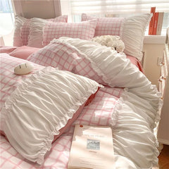 Korean Style Princess Bedding Set Luxury Pink Lattice Duvet Cover Ruffles Lace Bedspread Bed Sheet Pillowcases