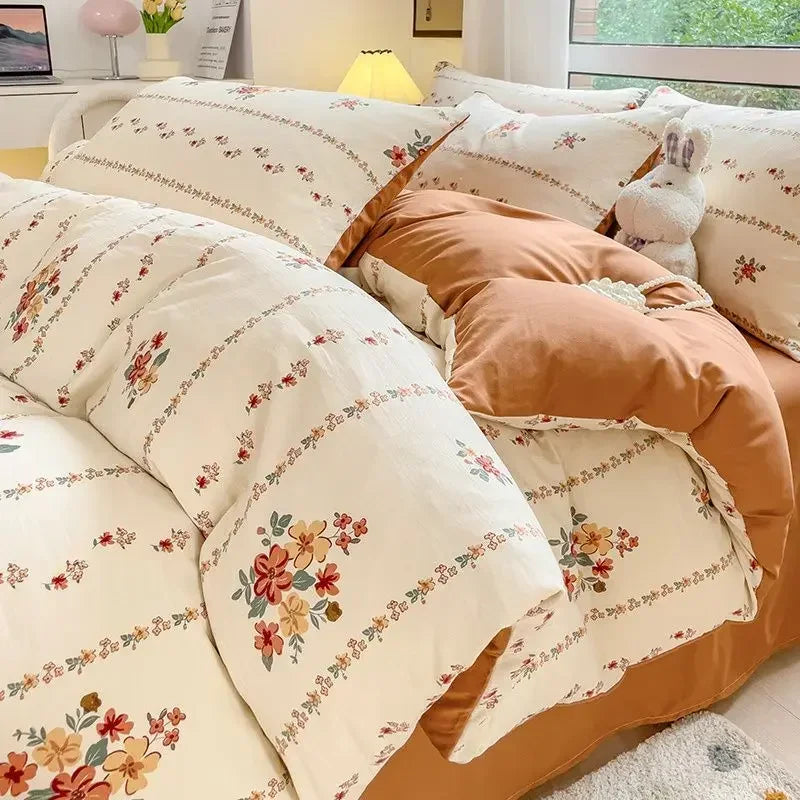 Bedding Set  Girls Cherry  Soft Washed Cotton Bed Sheet Queen King Size Duvet Set  Comforter Set Pillowcase Bed Linens
