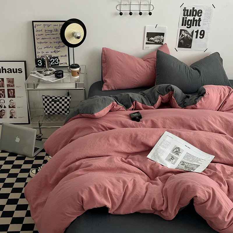 Beige Pink Bedding Set Solid 3/4pcs Home Linens Luxury Duvet Cover Pillowcase Flat Sheet Wash Cotton Twin King BedRoom Decor