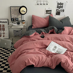 Beige Pink Bedding Set Solid 3/4pcs Home Linens Luxury Duvet Cover Pillowcase Flat Sheet Wash Cotton Twin King BedRoom Decor