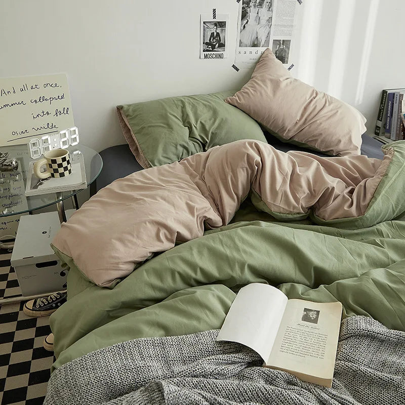 Bed Sheet Set Ins Style Double Color Washed Cotton   Bed Sheet Quilt Cover Sheet 3-piece Set Comforter Set Queen King Size