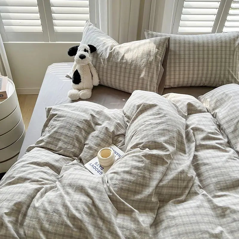 Grey Plaid Bedding Set Ins Style Nordic Duvet Cover Flat Sheet Pillowcases No Filler Full Queen Size Girls Boys Home BedSpread