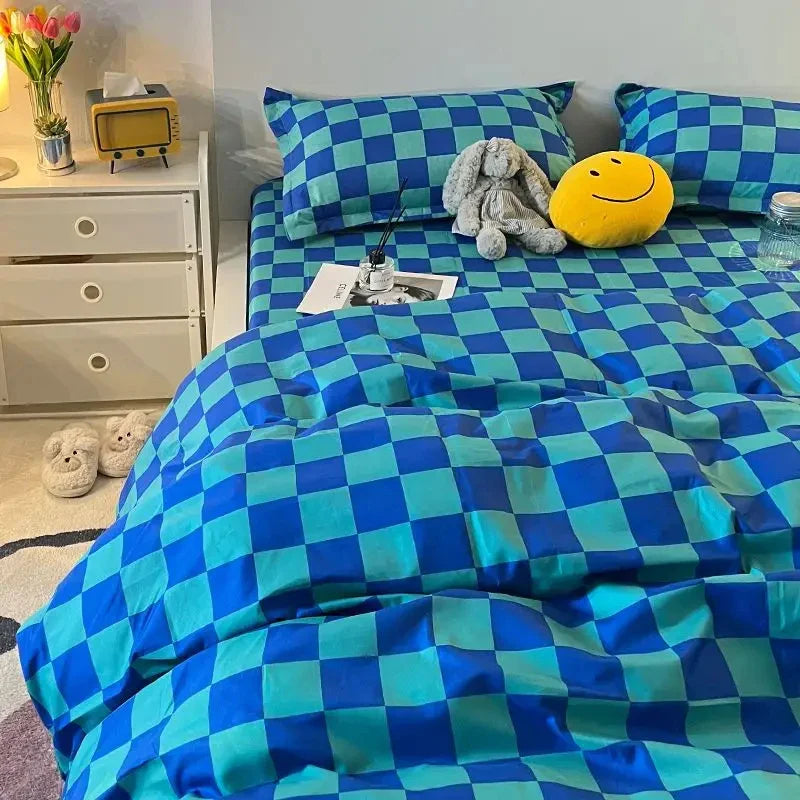 Checkerboard Bedding Set No Comforter Quilt Duvet Cover Pillowcase Flat Sheet Single Queen Size Polyester Bedclothes