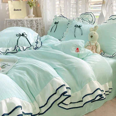Korean Princess White Bedding Set For Women Double Ruffle Lace Duvet Cover Full Queen Solid Color Comfortable Falt Bed Sheet Set