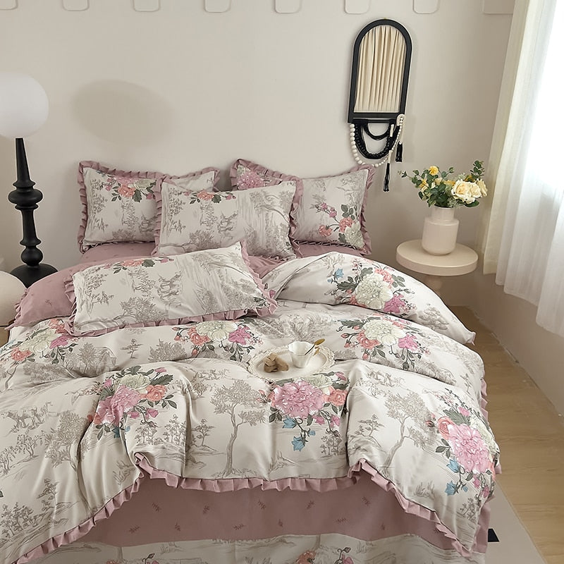 Korean Princess Style Ruffles Bedding Set Duvet Cover Set Flower Printing Quilt Cover Bed Sheet Or Fitted Sheet With Pillowcases