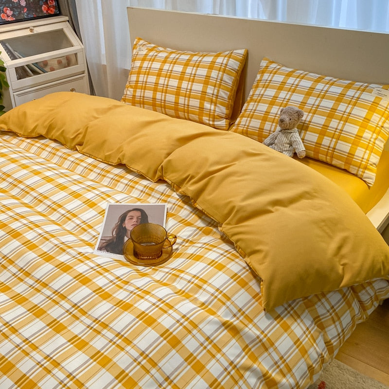 100% Cotton Plaid Geometric Bedding Set  Knit Bed Linens Sheet Pillowcase Home Textile Soft Bed Linen