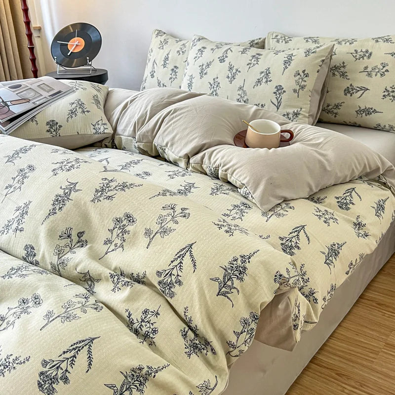 Vintage Floral Style Bedding Set No Filler Soft Fall Winter Thickening Duvet Cover Flat Sheet Pillowcase Full King Bed Linen