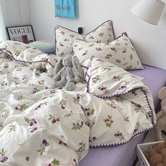 Bedding Set Double Layered Yarn INS Girls Mushroom Soft Washed Cotton Bed Sheet Queen King Size Duvet Set Pillowcase Bed Sheet