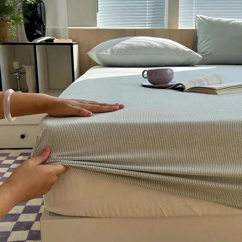 1PCS Nordic Stripe Fitted Sheet Non Slip Bedspread 100% Cotton With Elastic Band Mattress Cover (no Pillowcase)