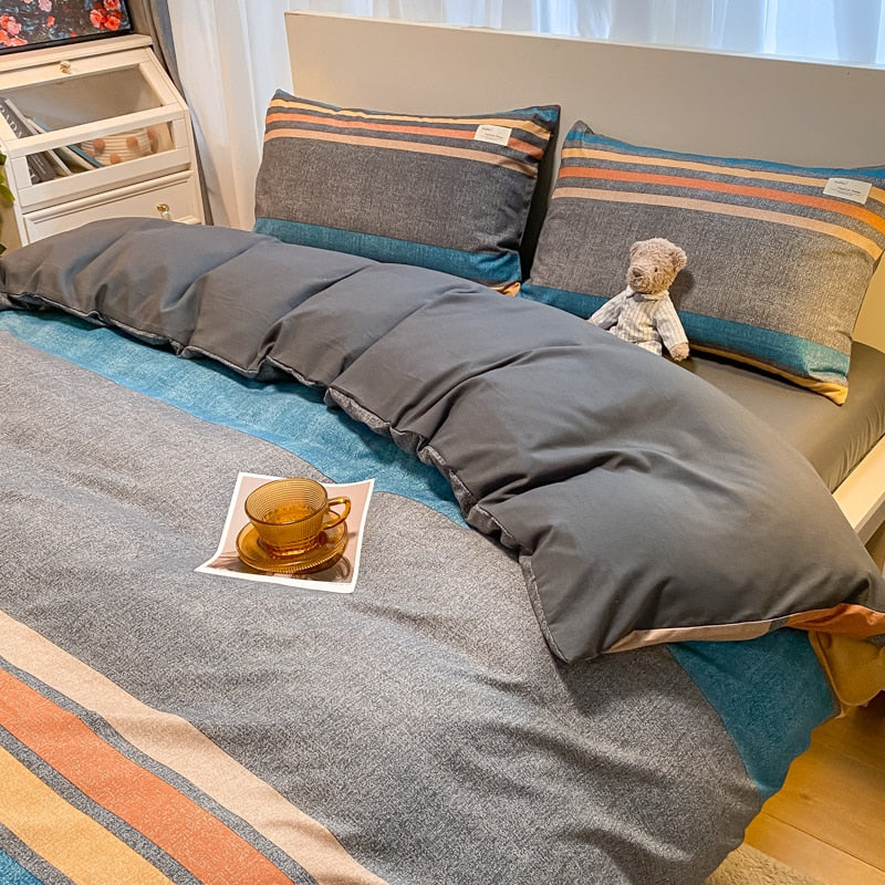 100% Cotton Plaid Geometric Bedding Set  Knit Bed Linens Sheet Pillowcase Home Textile Soft Bed Linen