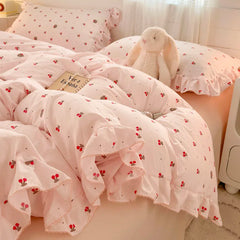 INS Princess Style Bedding Sets Ruffle Lace Bow Quilt Cover Romantic Bedclothes Decor Woman Girls Bedroom Duvet Cover 4pcs