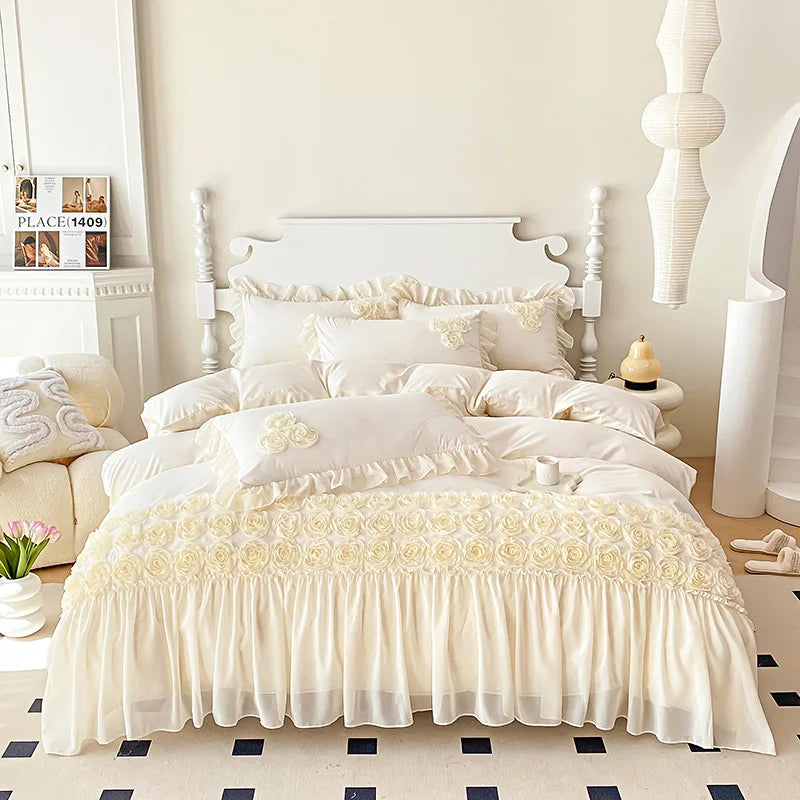 3Pcs Pink Skin-friendly Soft Three-dimensional Flowers Embroidery Lace Ruffles Princess Bedding Set Duvet Cover With Pillowcases