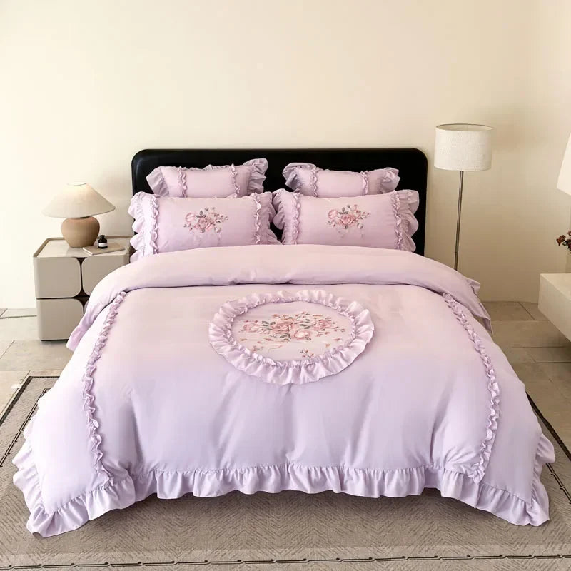 4Pcs Rose Flowers Embroidery Bedding Set Double King Queen Size Pink Girls Bedroom Duvet Cover Flat/Fitted Bed Sheet