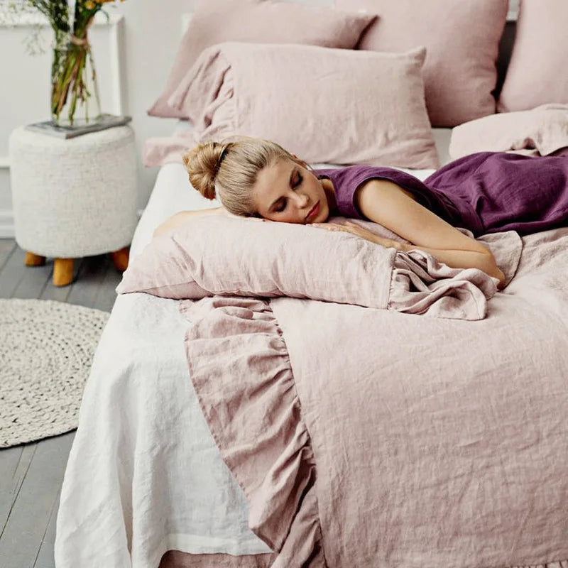 3PCS 100% Pure Linen Ruffle Duvet Cover Set Pillowcase And Duvet Cover Double Queen King Size Soft Bed Set Flax Bedding Kit