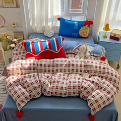 4pcs  Grid positionin bedding Set (1*Duvet Cover +1 flat sheet + 2*Pillowcase, Wool ball decorative duvet cover pillowcases