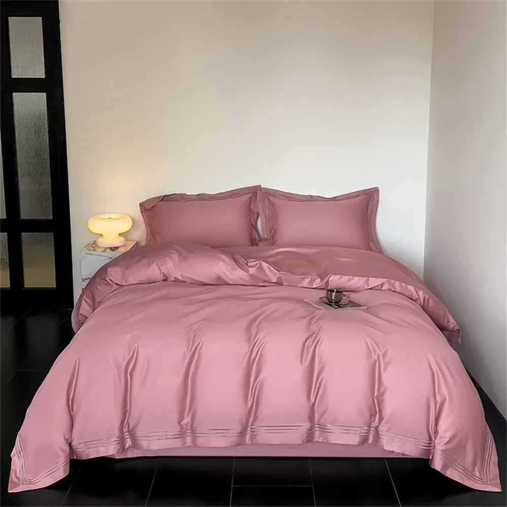 1200TC Embroidered Egyptian Cotton Bedding Set 4pcs King Queen Size Solid Sheet Duvet Cover Pillowcase Bed Linens