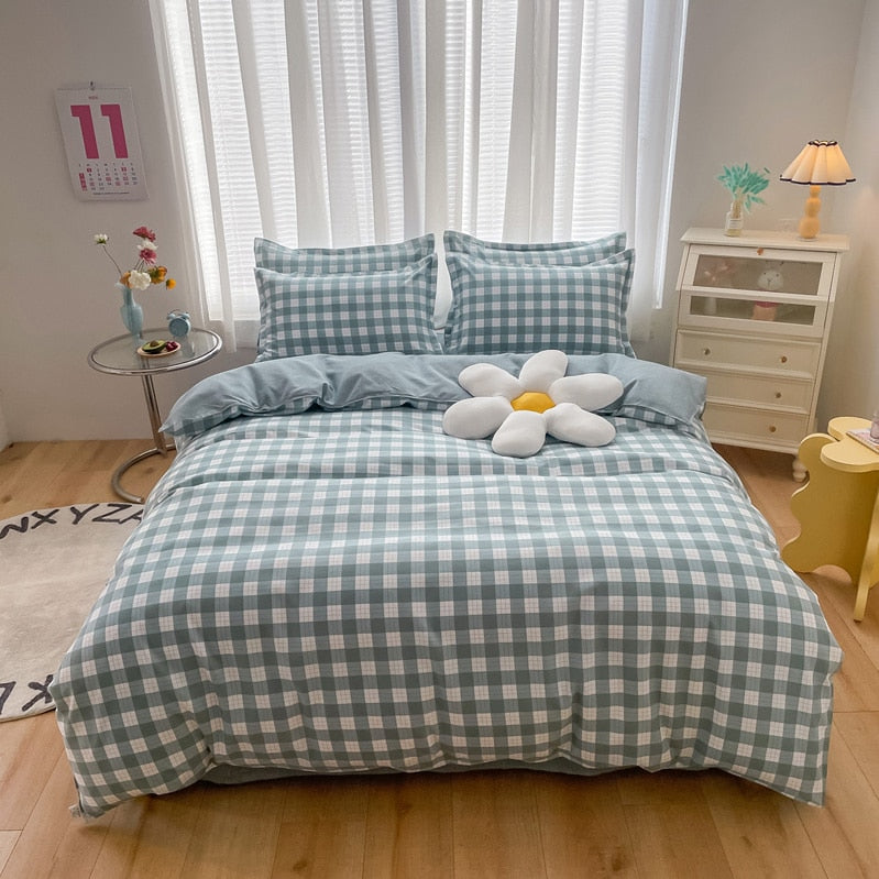 100% Cotton Green Plaid Bedding Set,Nordic Bed Cover 90,Skin Friendly, Duvetcover&2pcs Pillowcase,No Bed Sheet