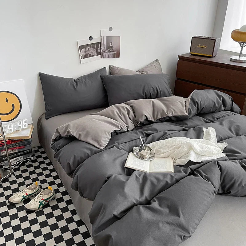 Gray Duvet Cover Set with 2pcs Pillowcase Soft Washed Cotton Comforter Quilt Cover Pillow Case Double Queen King Size