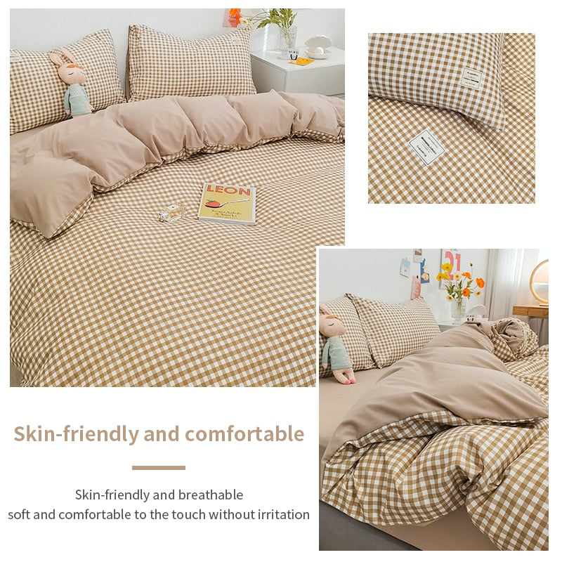 100% Cotton Japanese Simple Style Duvet Cover,Bedding Set With Plaid Stripe,Skin Friendly Breathable,1 Duvet Cover,2 Pillowcase