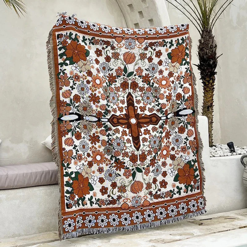 Europe Style Sofa Throw Blanket Cotton Thread Knitted Blanket with Tassel Floral Bohemian Sofa Cover Bed Blanket Camping Rug