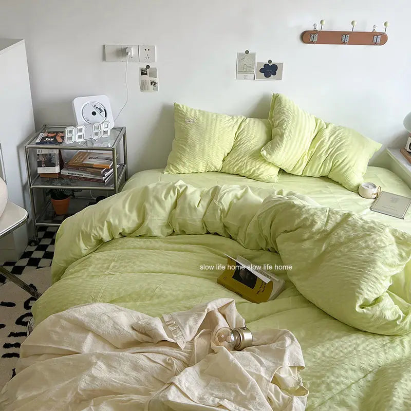 Bedding Set Luxury High Grade Light  Washable Cotton Waffle Four Piece  Olive Green Quilt Cover Bed Sheet Dormitory Three Piece