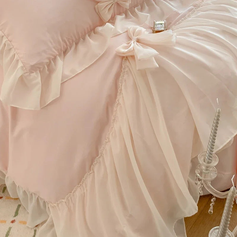 Chiffon Lace Bedding Set Pink France Romantic Princess Wedding Ruffles Bow Soft Duvet Cover Bed Sheet Pillowcases Home Textile