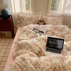 Cute Flower Korean Duvet Cover Bedding Set Pink Cotton Kawaii Double Bed Fitted Bed Sheets Quilt Cover Set Queen Twin Full Size