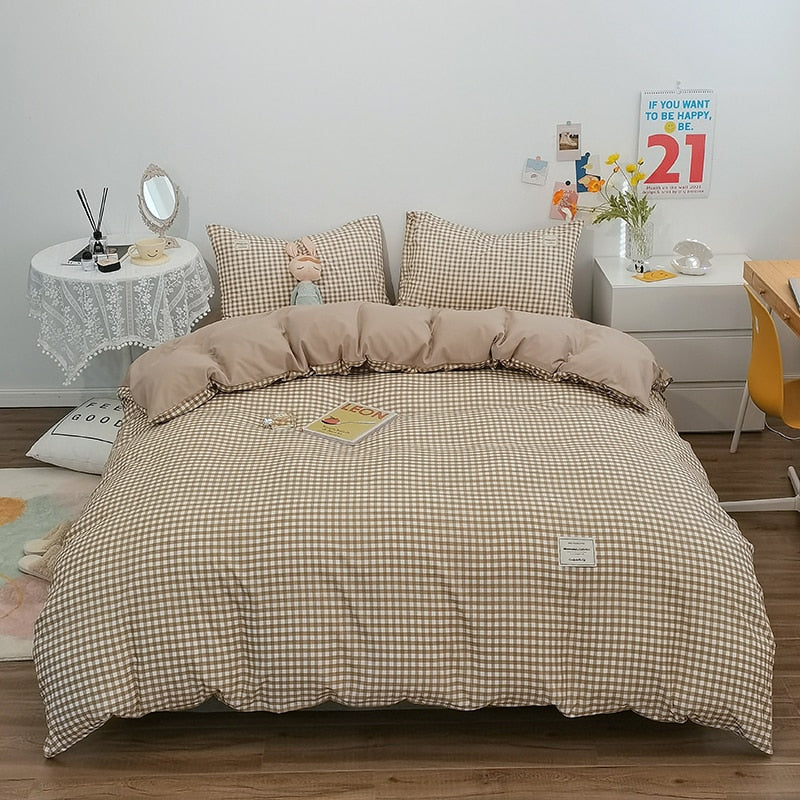 100% Cotton Japanese Simple Style Duvet Cover,Bedding Set With Plaid Stripe,Skin Friendly Breathable,1 Duvet Cover,2 Pillowcase
